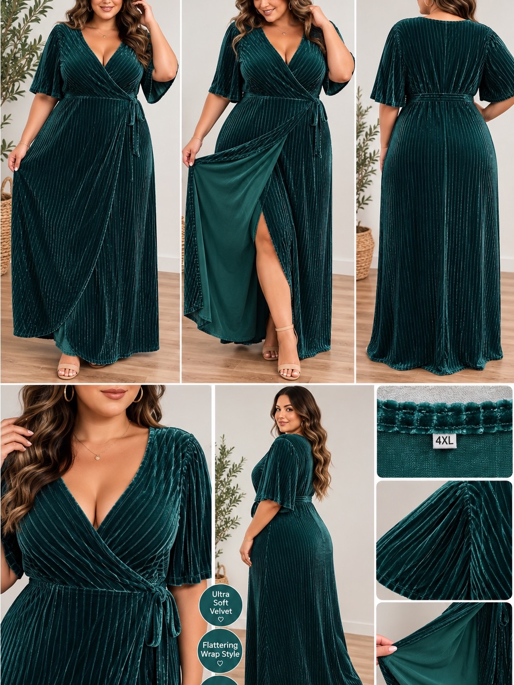 Amazon Womens Emerald Green Velvet Wrap Maxi Dress with Tie Waist
